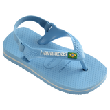 Blue baby flip flops with backstrap and Brazillian flag on strap, front-right view
