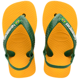 yellow flip flops with green heel straps featuring a brazil flag, top view