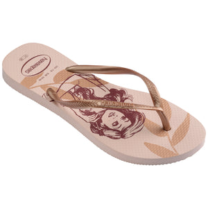 Single, right Havaianas flip flop with Disney illustrations on a white background