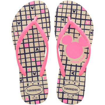 flip flops with hot pink mickey mouse logo on a checkered beige, pink, and navy print with hot pink straps, top view
