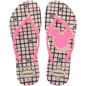 flip flops with hot pink mickey mouse logo on a checkered beige, pink, and navy print with hot pink straps, top view