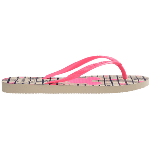flip flops with hot pink mickey mouse logo on a checkered beige, pink, and navy print with hot pink straps, side view