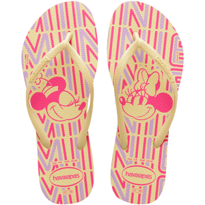 Minnie Mouse flip flops on a yellow, purple, and pink background with yellow straps, top view