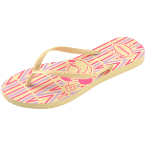 Minnie Mouse flip flops on a yellow, purple, and pink background with yellow straps, front left view