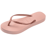 Single, left, pink flip flop with a metallic strap on a transparent background