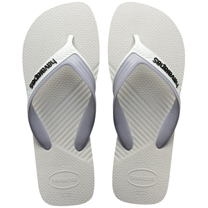 Pair of white Havaianas flip flops on a white background