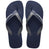 Pair of Havaianas navy blue flip flops with gray straps on a white background