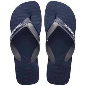 Pair of Havaianas navy blue flip flops with gray straps on a white background