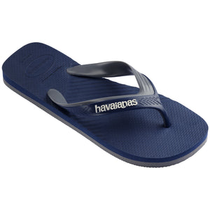 Single, right Havaianas navy blue flip flop with gray straps on a white background