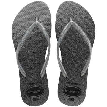 Women's grey flip flops with sparkles and glitter, with metallic silver straps, top view