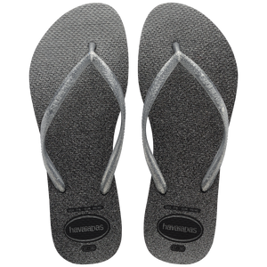 Women's grey flip flops with sparkles and glitter, with metallic silver straps, top view