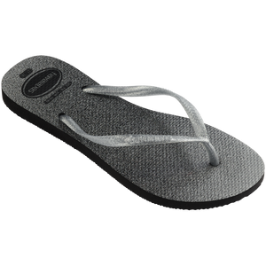 Women's grey flip flops with sparkles and glitter, with metallic silver straps, front right view
