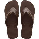 dark brown sandals with rice pattern and grooves, with brown straos with a lighter brown stitched-look detailing, top view