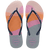 Women's multicolor abstract print of sunset over the horizon of waves flip flops with navy glitter straps and pink logo top view