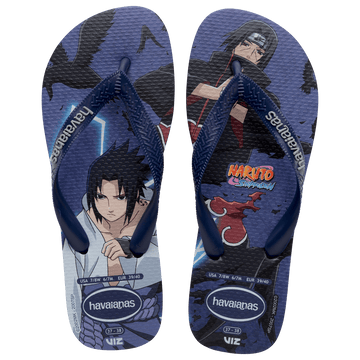 Navy and multicolor flip flops with Naruto characters and navy straps with a grey havaianas logo, top view 