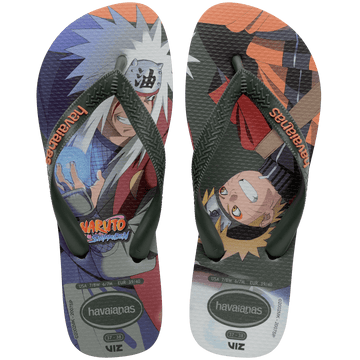 Multicolor sandals with Naruto characters and olive green straps with an orange havaianas logo, top view