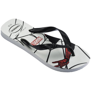 Single, right Havaianas flip flop, with Spiderman graphic on a white background