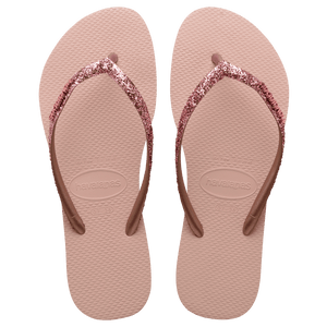 kids' light pink flip flop with pink glitter straps, top view