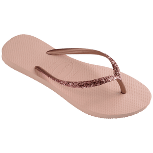 kids' light pink flip flop with pink glitter straps, right 3/4 view