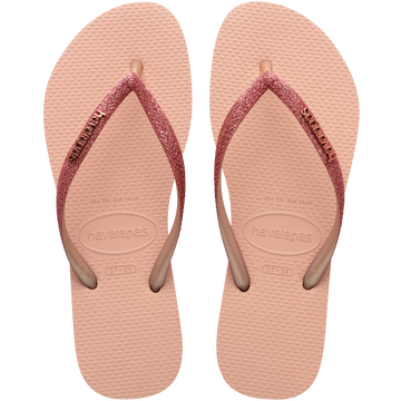 Kids' light pink flip flop with pink glitter straps top view