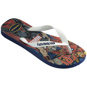 Single, right Marvel themed flip flop with superhero designs on a white background