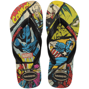 Flip flops with Marvel comics characters printed on the sole, with black straps and red havaianas logo, top view