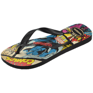 Flip flops with Marvel comics characters printed on the sole, with black straps and red havaianas logo, front right view and black footbed