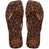 Flip-flops featuring a brown and black floral print and matching patterned straps, top view