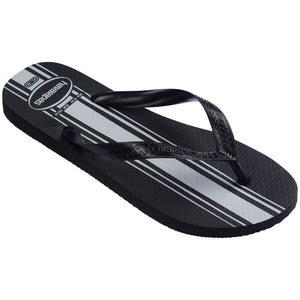 Single, right Havaianas flip flop with black and gray striped design on a white background