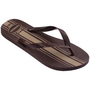 Single, right Havaianas flip flop with brown striped pattern on a white background