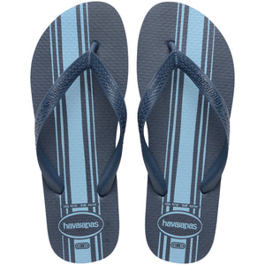Pair of Havaianas flip flops with blue and gray striped design on a white background