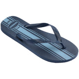 Single, right Havaianas flip flop with blue and gray striped design on a white background