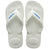 Pair of white flip flops with blue logo on a white background