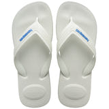 Pair of white flip flops with blue logo on a white background
