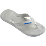 Single, right, white flip flop with blue logo on a white background