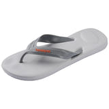 Single, left, grey flip flop with orange Havaianas logo on a white background