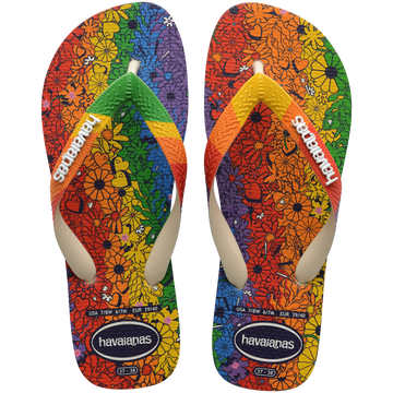 Rainbow floral flip flop top view