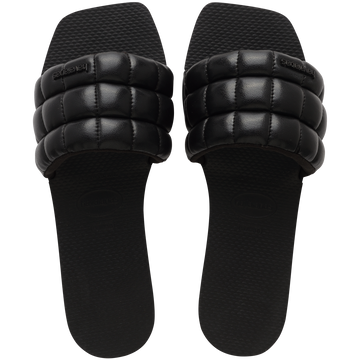 Women's black puffy slide top view