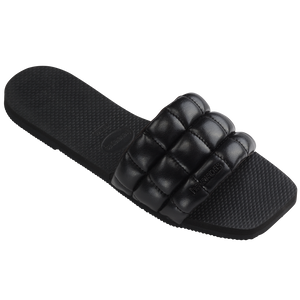 Women's black puffy slide right 3/4 view
