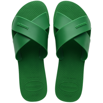Women's kelly green crisscross strap slide sandals top view