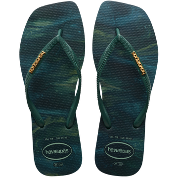 women's square toe flip flop with abstract green print top view