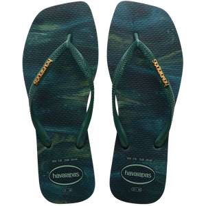 women's square toe flip flop with abstract green print top view