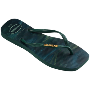 women's square toe flip flop with abstract green print 3/4 view