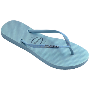 Women's iridescent blue flip flops with glitter straps 3/4 side view