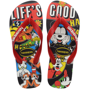 Pair of Havaianas flip flops with disney character design on a white background