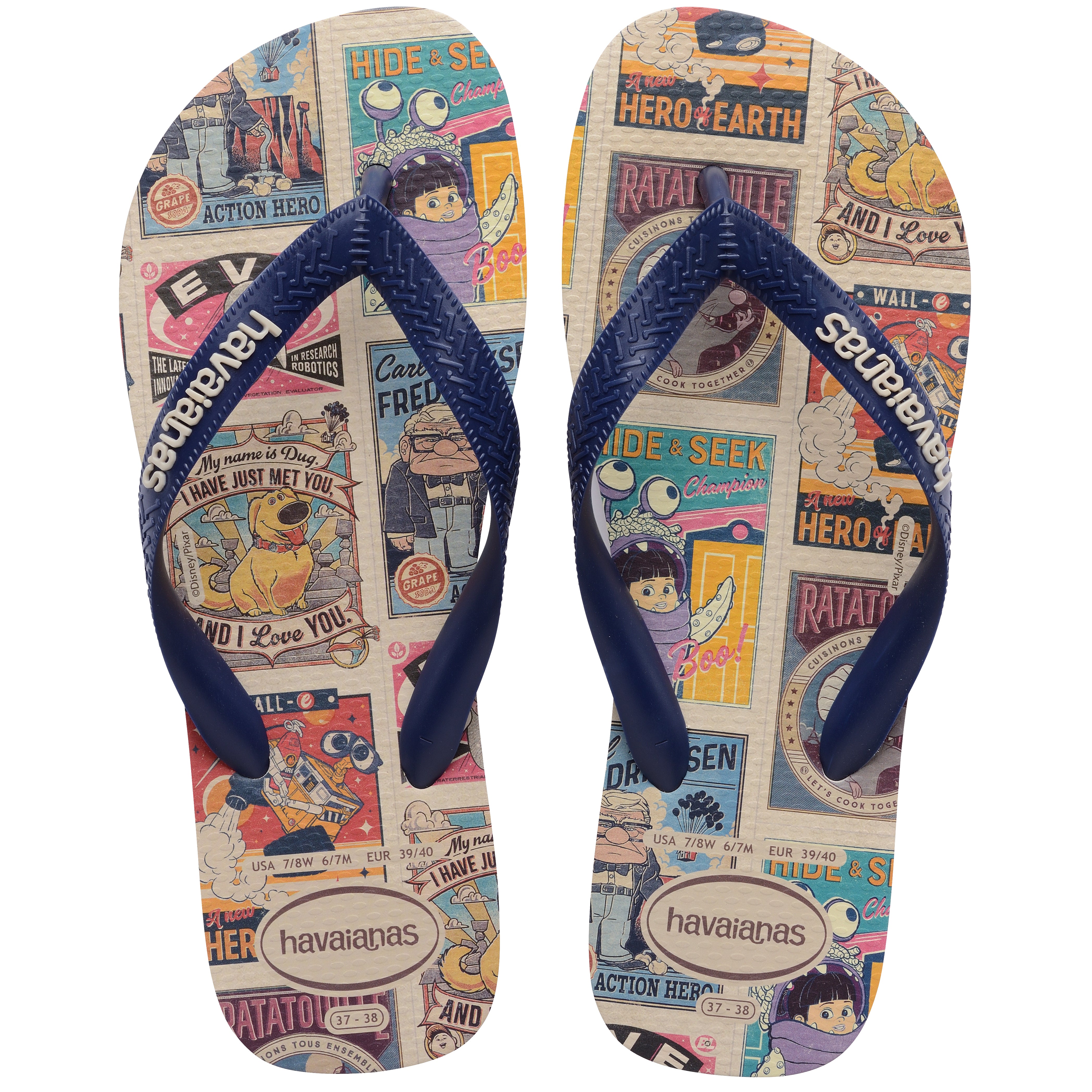 Pair of Havaianas flip flops with colorful graphic design on a white background