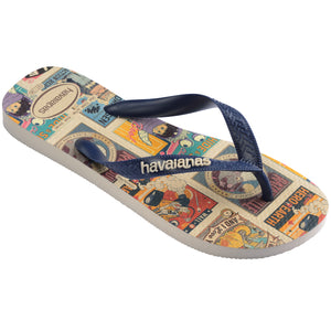 Single, right Havaianas flip flop with colorful graphic design on a white background