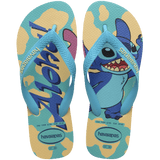 Blue and beige Lilo & Stitch flip flops top view