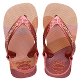 Baby flip flops with backstrap, abstract pink, beige and orange print with metallic pink straps, top view
