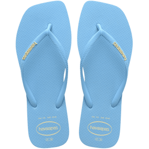light blue womens flip flops with square toe and light blue straps with the yellow havaianas logo, top view